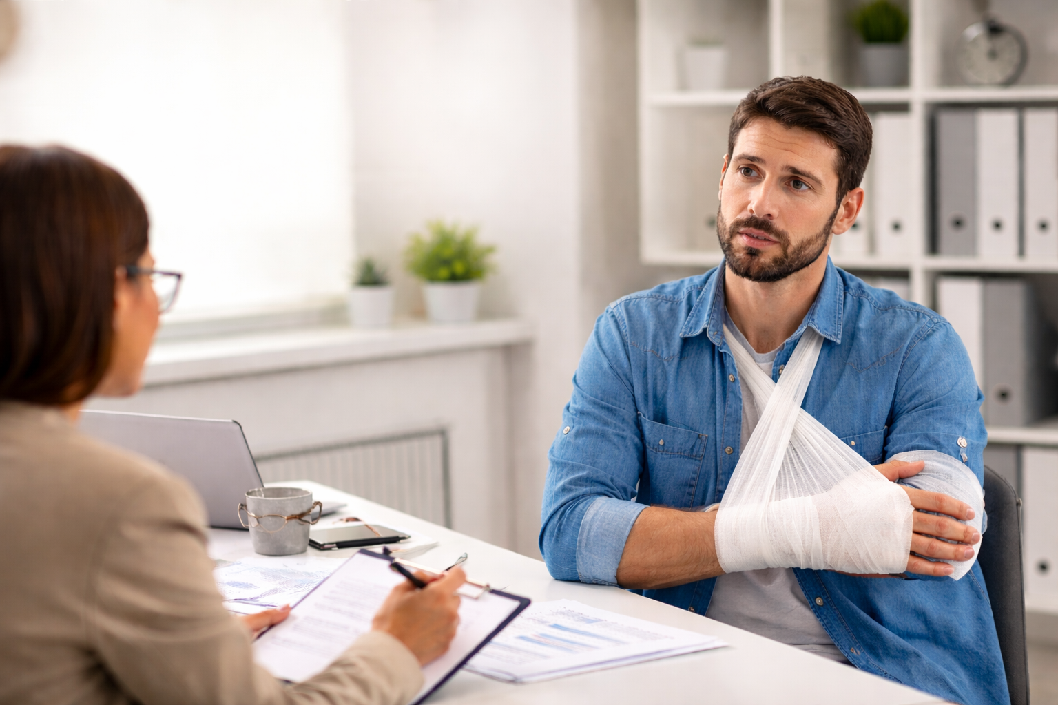 Trabalhador lesionado com braço enfaixado em ambiente profissional